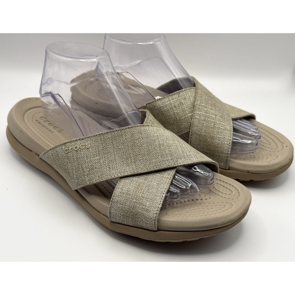 Crocs Capri Shimmer Slide Sandals Sz 11 Taupe Comfort Croslite Slip On Boho